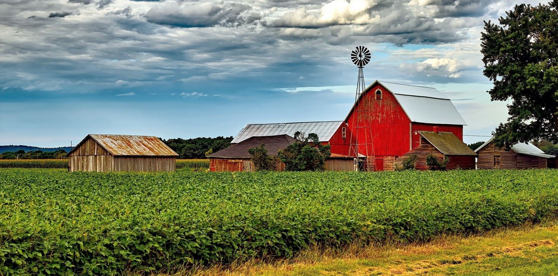 barn field and clouds